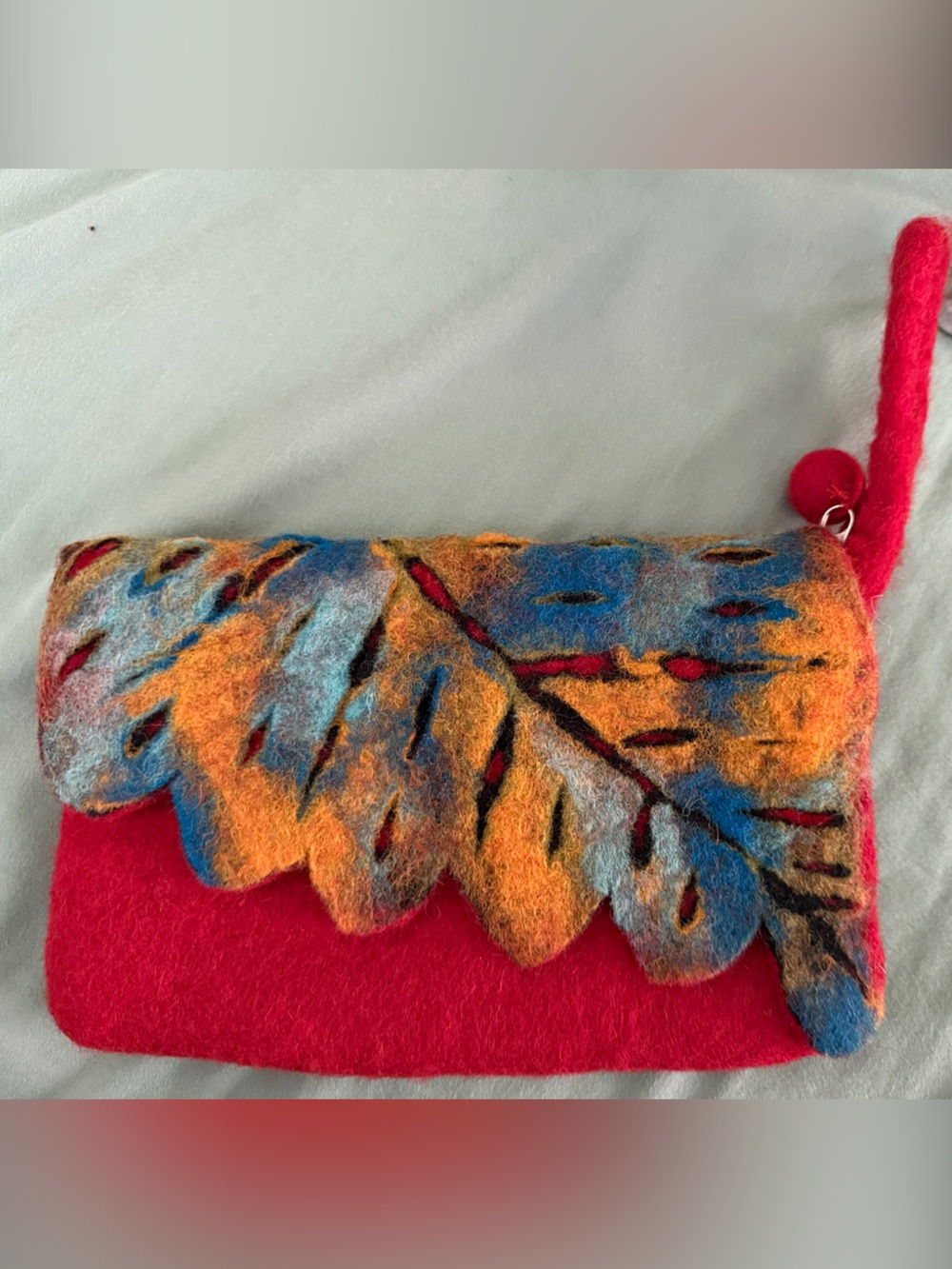 Red Felted Wool Clutch with Multicolor Leaf Accent